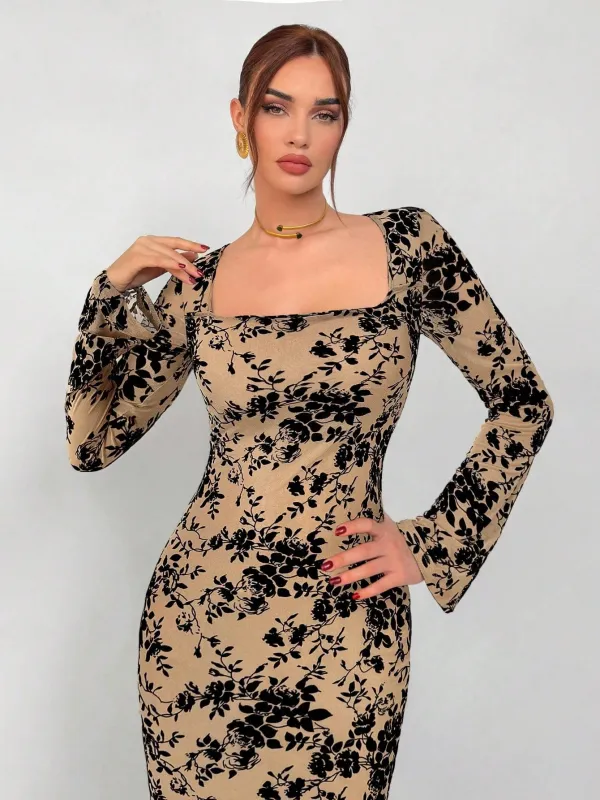 Aloruh Women Sexy Velvet Floral Print Mesh Bodycon Square Neck Long Sleeve Maxi Fishtail Dress FD sold by Negative