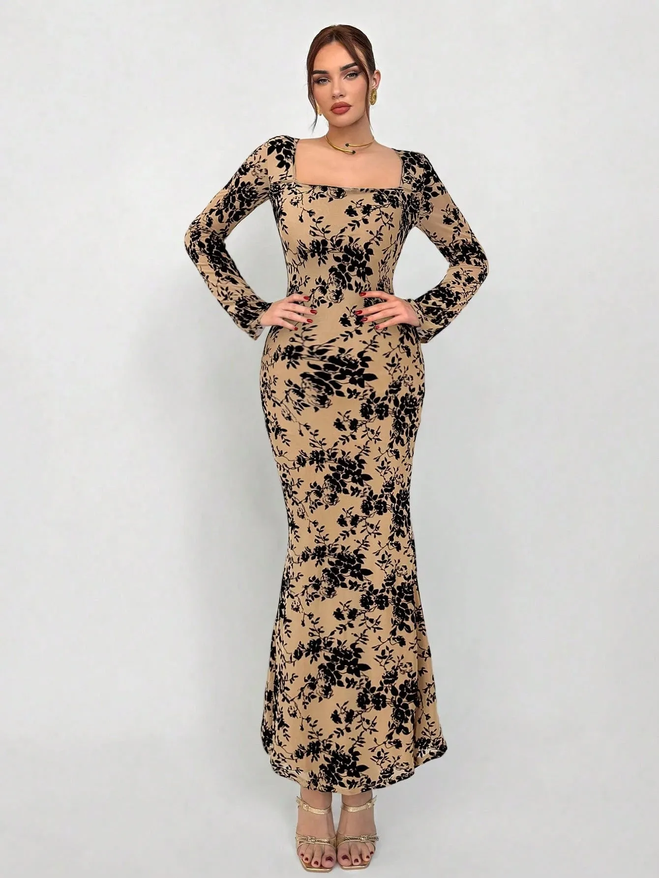 Aloruh Women Sexy Velvet Floral Print Mesh Bodycon Square Neck Long Sleeve Maxi Fishtail Dress FD sold by Negative product image thumbnail 4