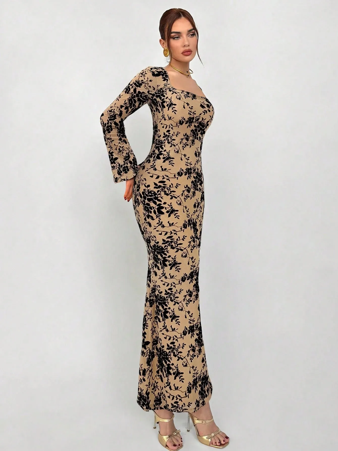 Aloruh Women Sexy Velvet Floral Print Mesh Bodycon Square Neck Long Sleeve Maxi Fishtail Dress FD sold by Negative product image thumbnail 5