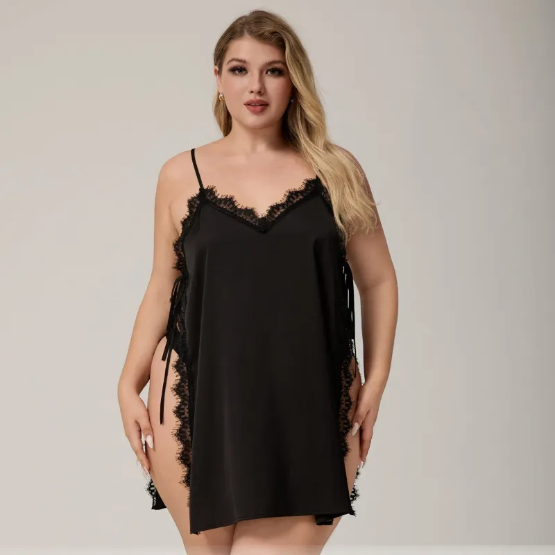 The Lace Seduction | Black Lace Satin Strap Mini Sleep Dress made by Negative