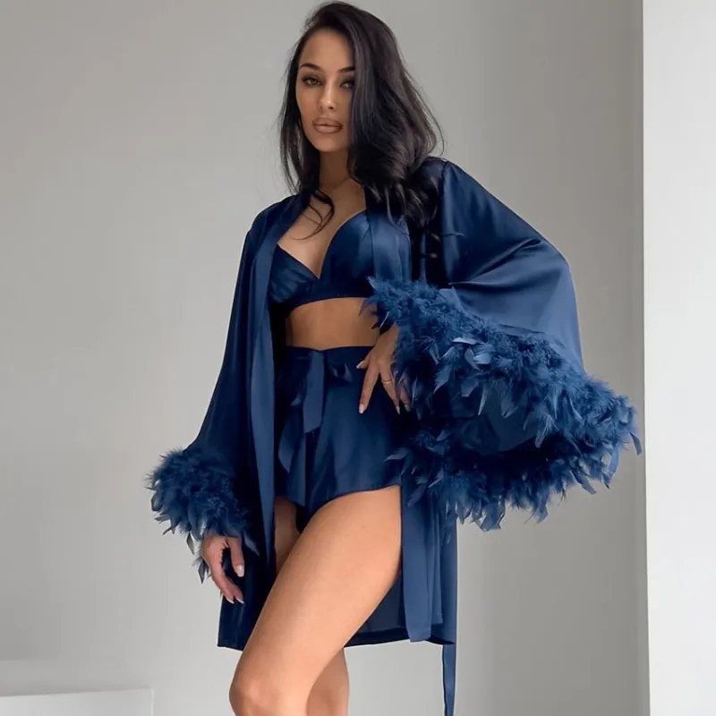 Nightgown three-piece set imitation with silk satin feather loungewear set FD made by Negative