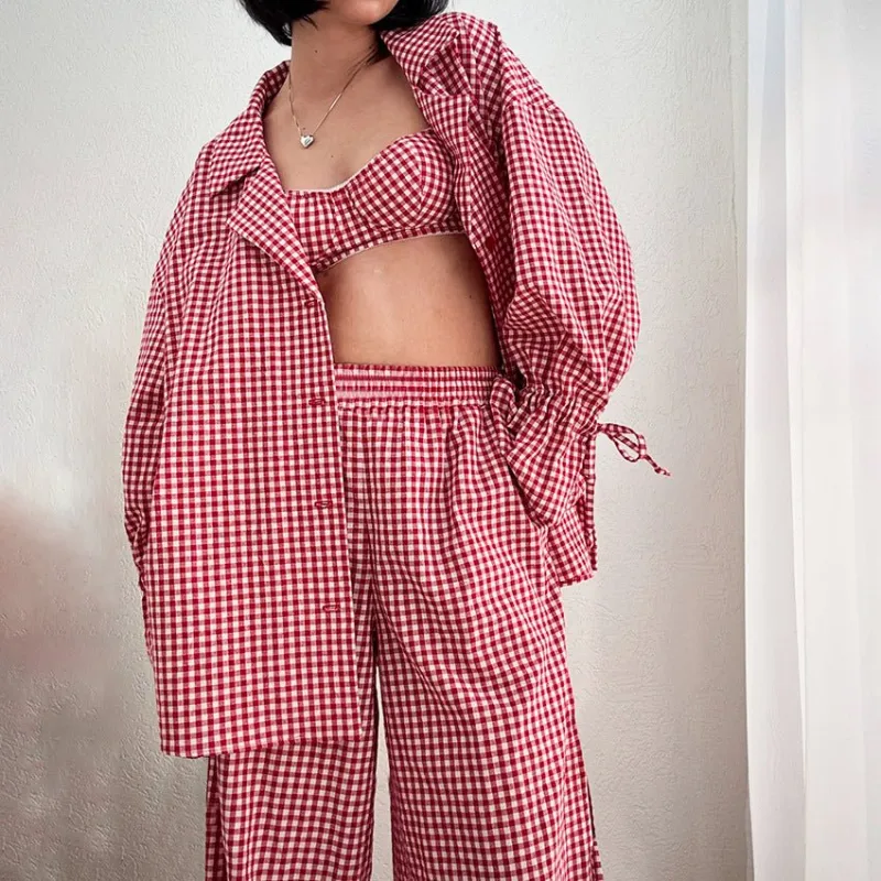 Crimson Classic | 100% Cotton Plaid 3-Piece Pajama Set made by Negative