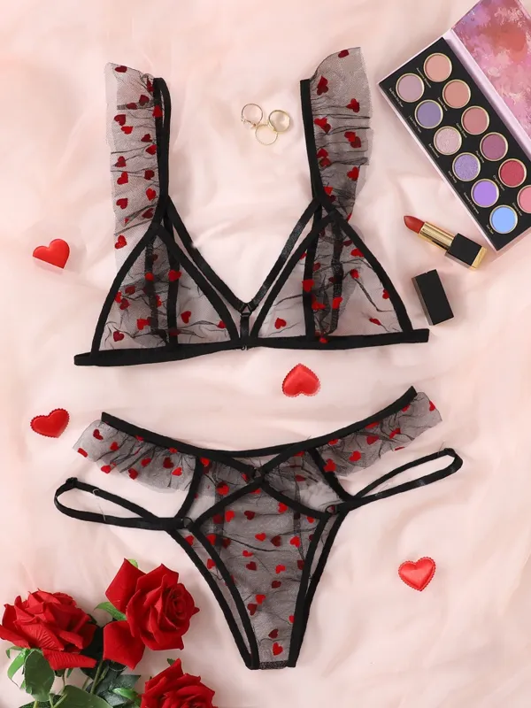 Heart Mesh | Black Heart Pattern Lingerie Set FD made by Negative