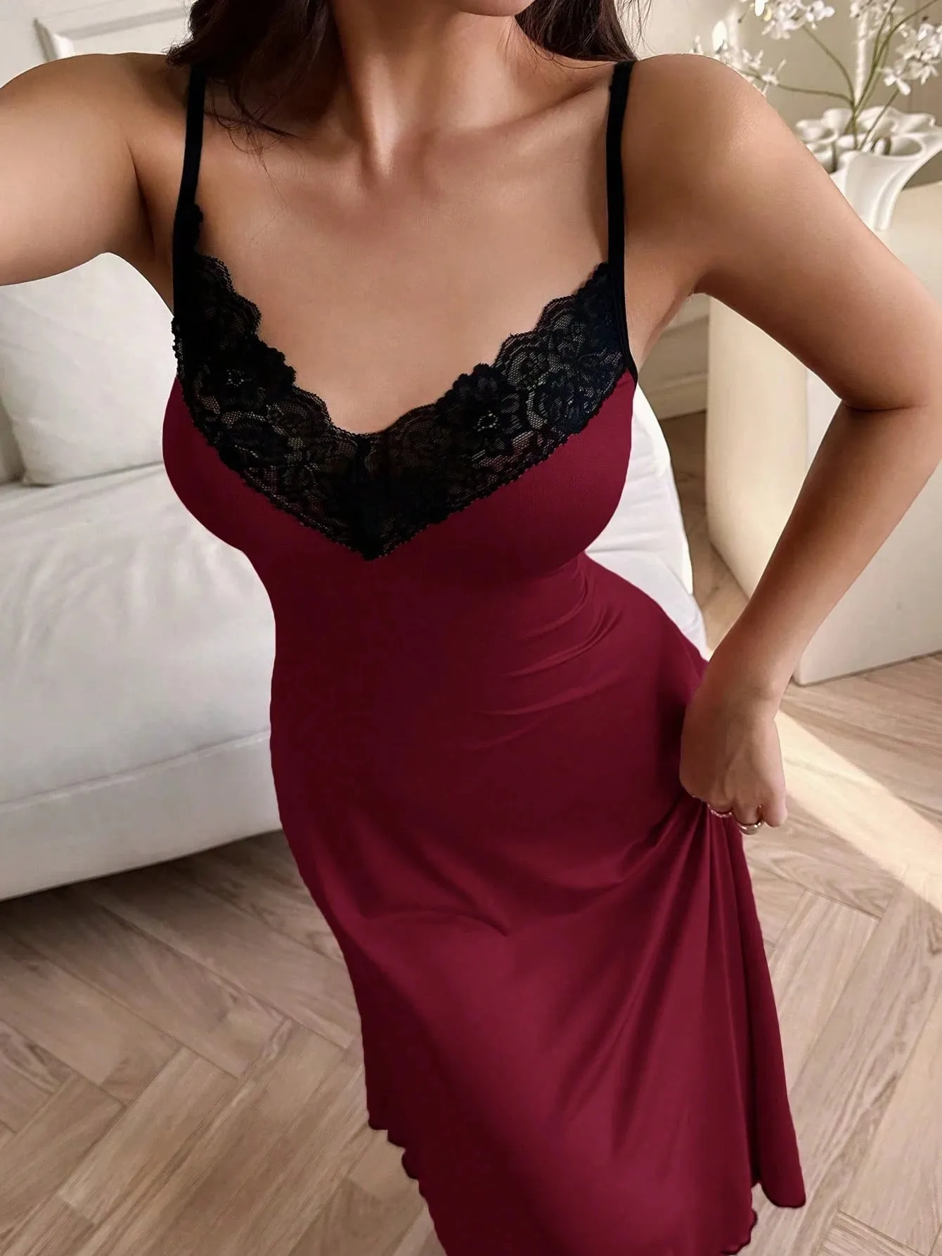 SHEIN Lace Trim Soft & Comfortable Women's Long Nightgown FD sold by Negative product image thumbnail 5