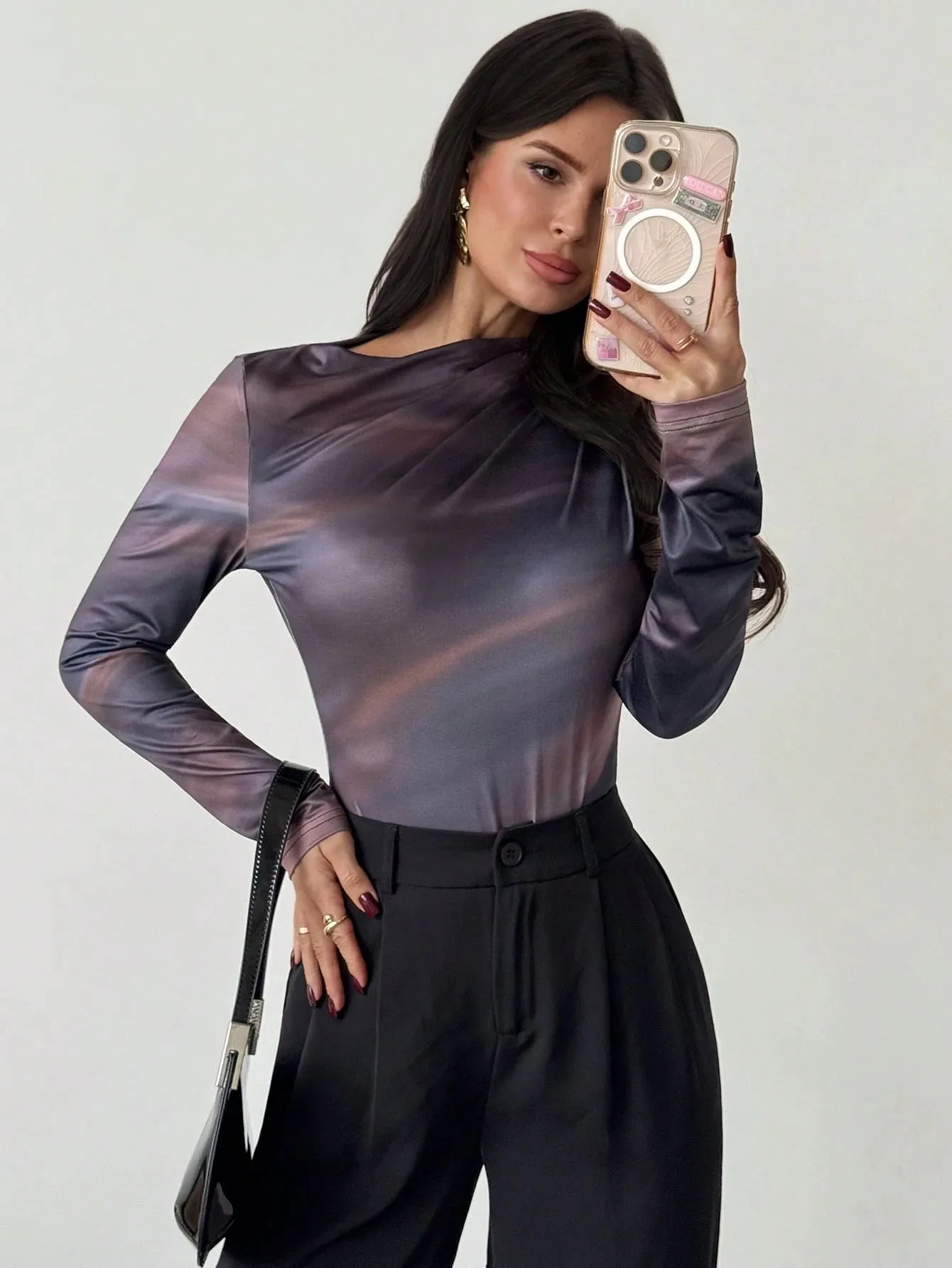 Firerie Women's Elegant Casual Commute Urban Chic New Arrival Tie-Dye Print Ruched Asymmetric Shoulder Long Sleeve Bodysuit FD sold by Negative product image thumbnail 4