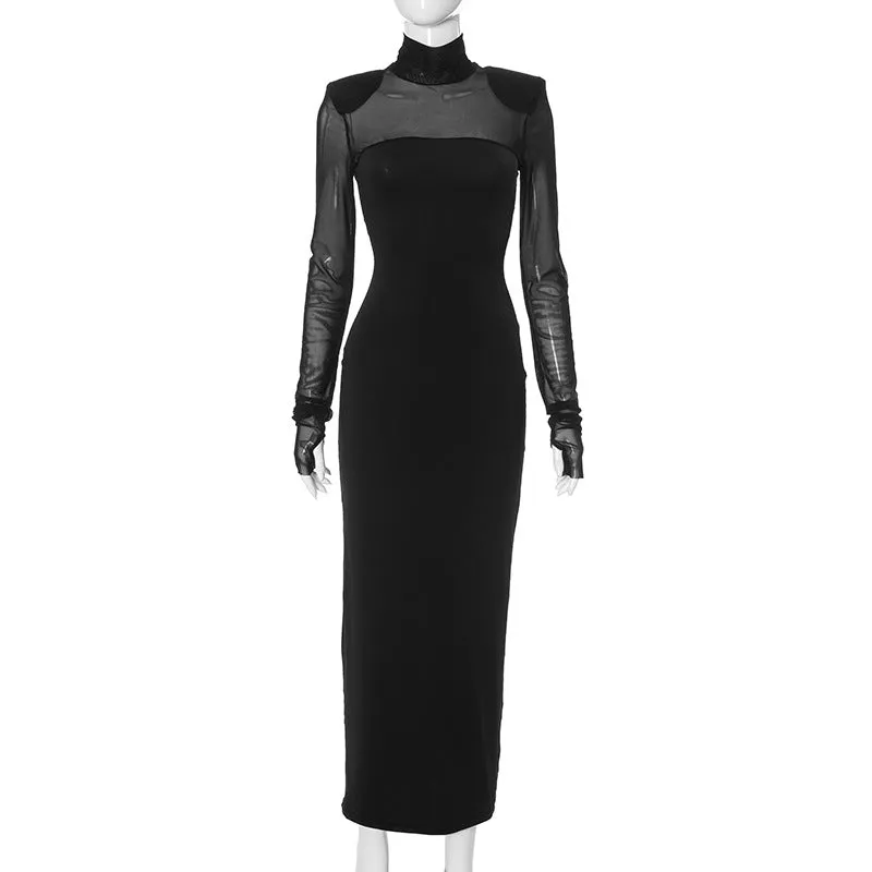 The Sheer Edge | Solid Black Mesh Splicing High-Collar Bodycon Maxi Dress FD sold by Negative product image thumbnail 2