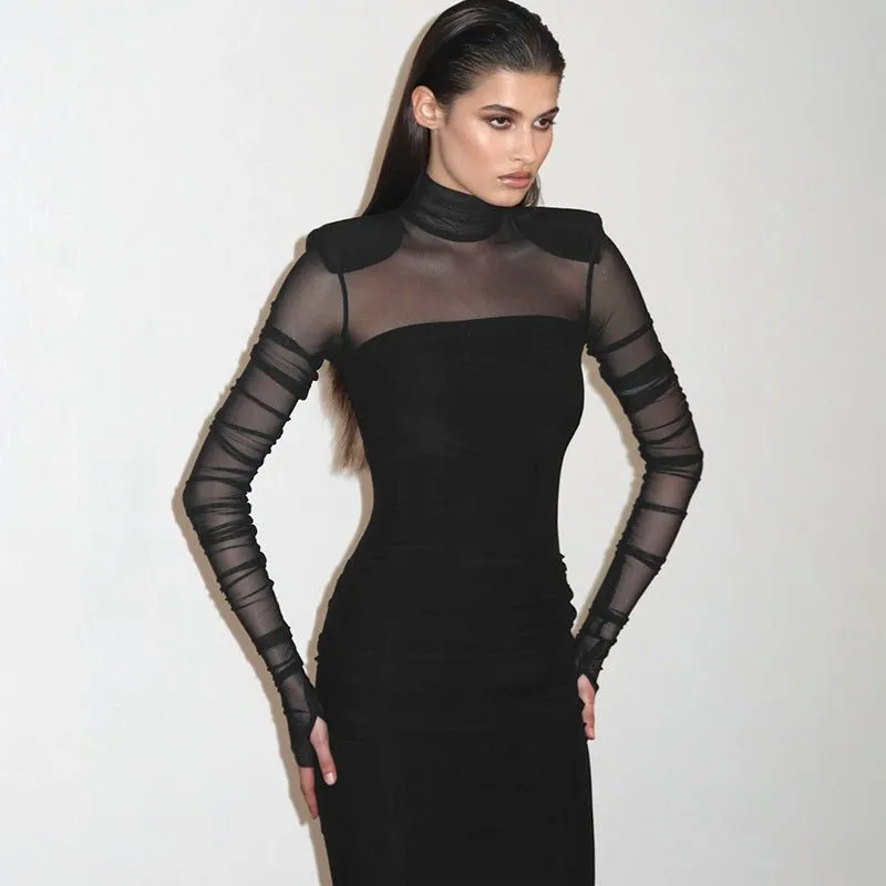The Sheer Edge | Solid Black Mesh Splicing High-Collar Bodycon Maxi Dress  FD made by Negative