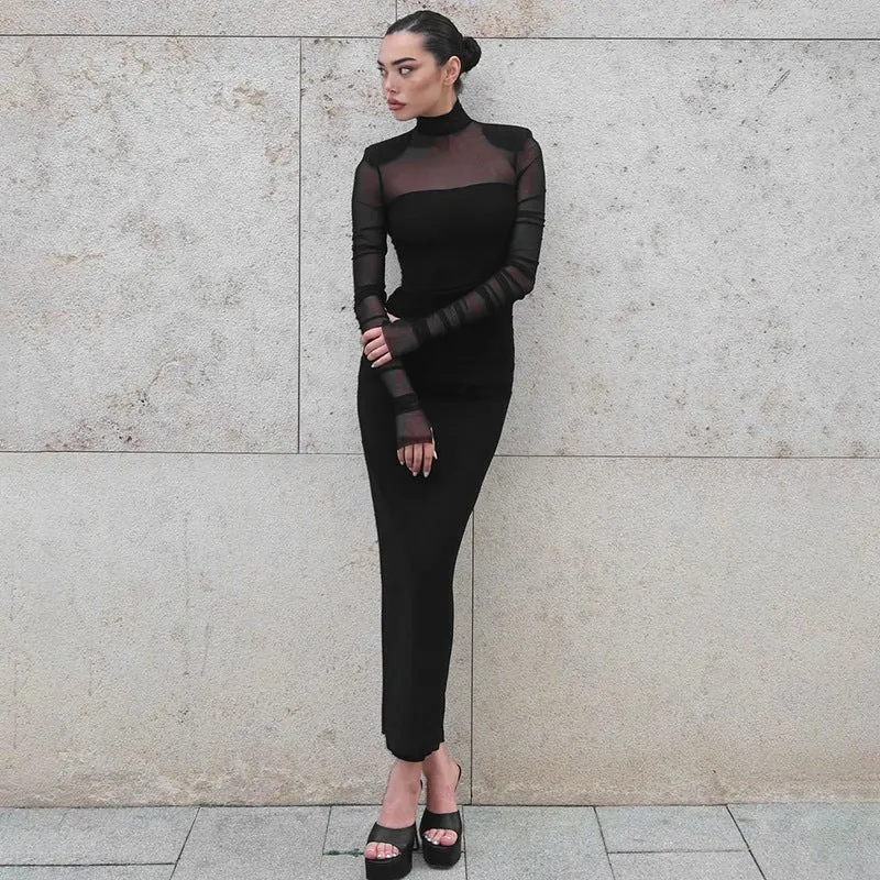 The Sheer Edge | Solid Black Mesh Splicing High-Collar Bodycon Maxi Dress FD sold by Negative product image thumbnail 3