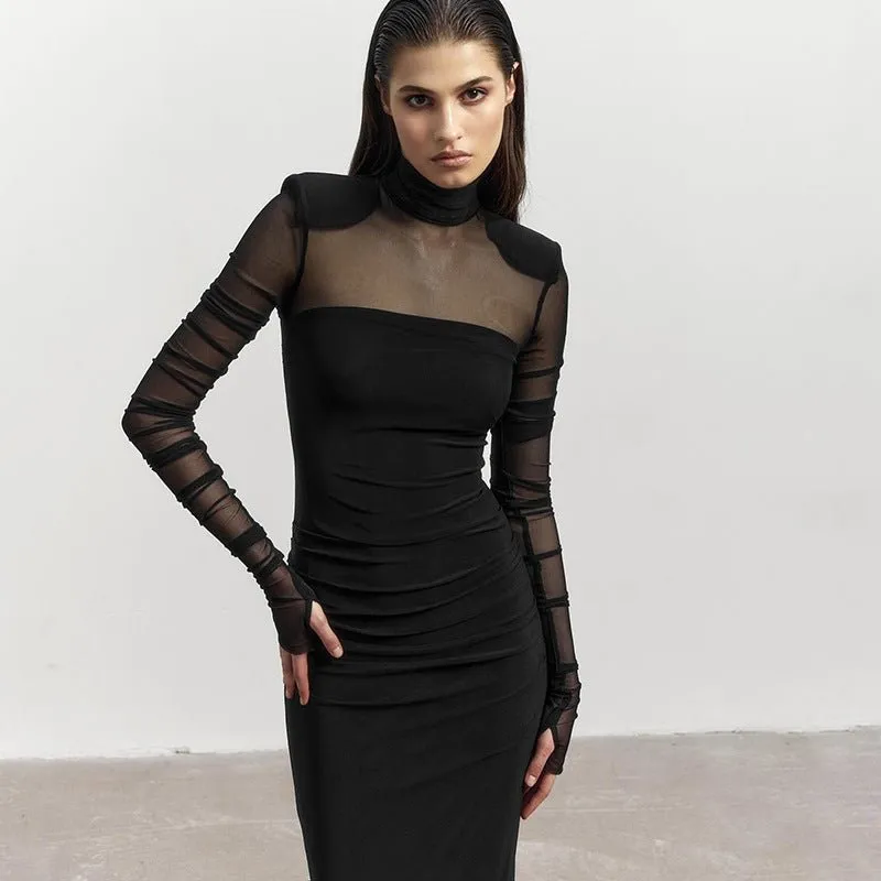The Sheer Edge | Solid Black Mesh Splicing High-Collar Bodycon Maxi Dress FD sold by Negative product image thumbnail 5