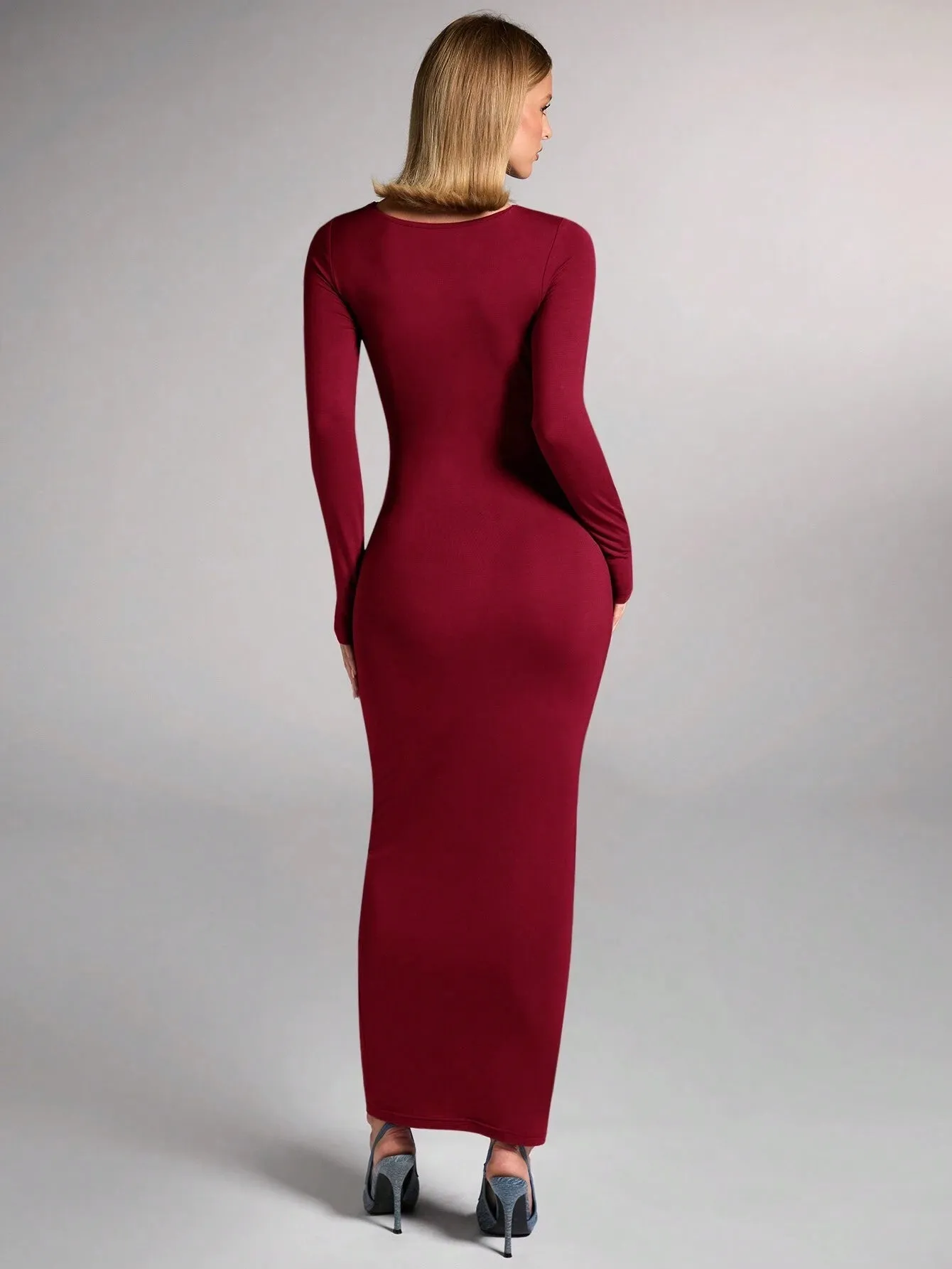 SHEIN BAE Women Fall/Winter Elegant Brown Ruched Four-Sided Stretch Knit Fitted Long Sleeve Dress FD sold by Negative product image thumbnail 3