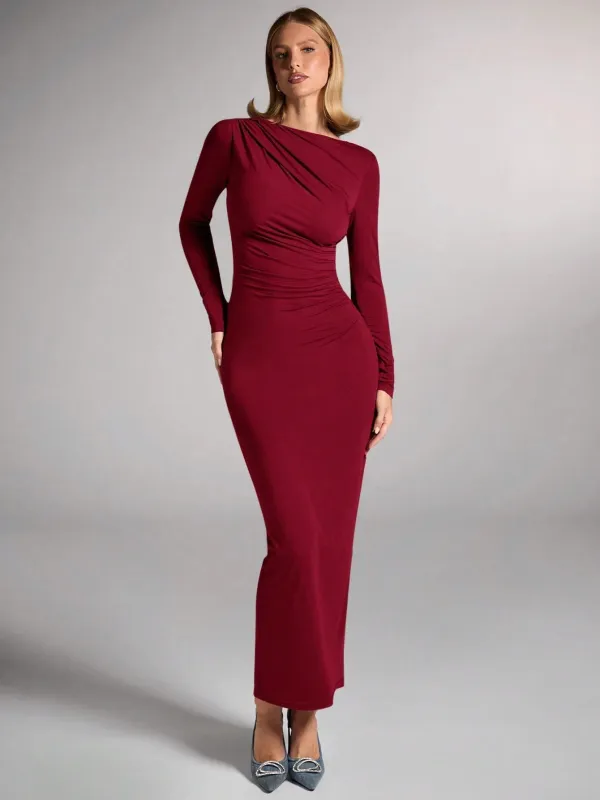 SHEIN BAE Women Fall/Winter Elegant Brown Ruched Four-Sided Stretch Knit Fitted Long Sleeve Dress FD made by Negative