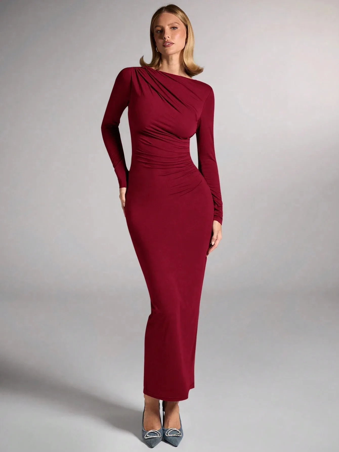 SHEIN BAE Women Fall/Winter Elegant Brown Ruched Four-Sided Stretch Knit Fitted Long Sleeve Dress FD sold by Negative