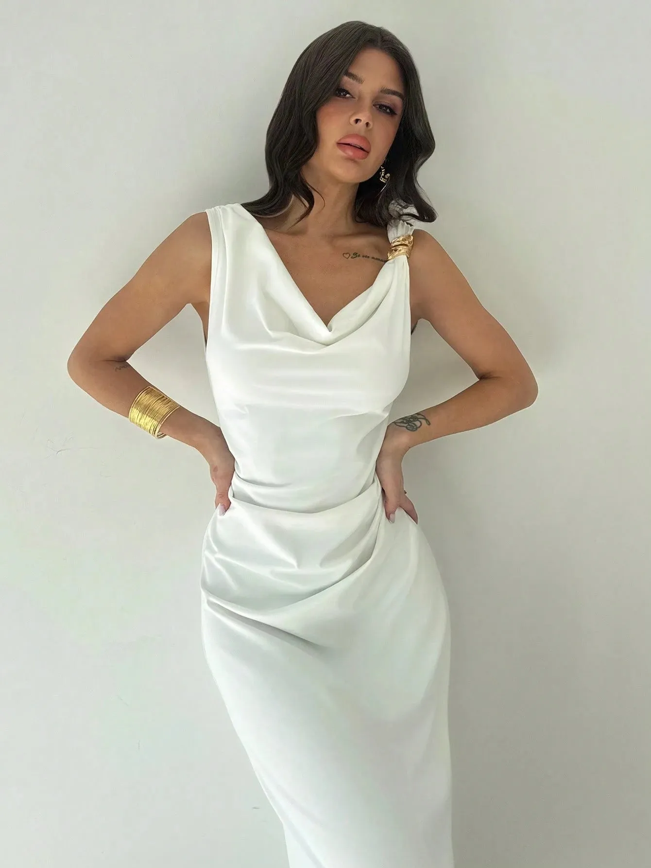 Firerie Women White Asymmetrical Neck Draped Ruched Waist Mid-Length Dress sold by Negative product image thumbnail 3