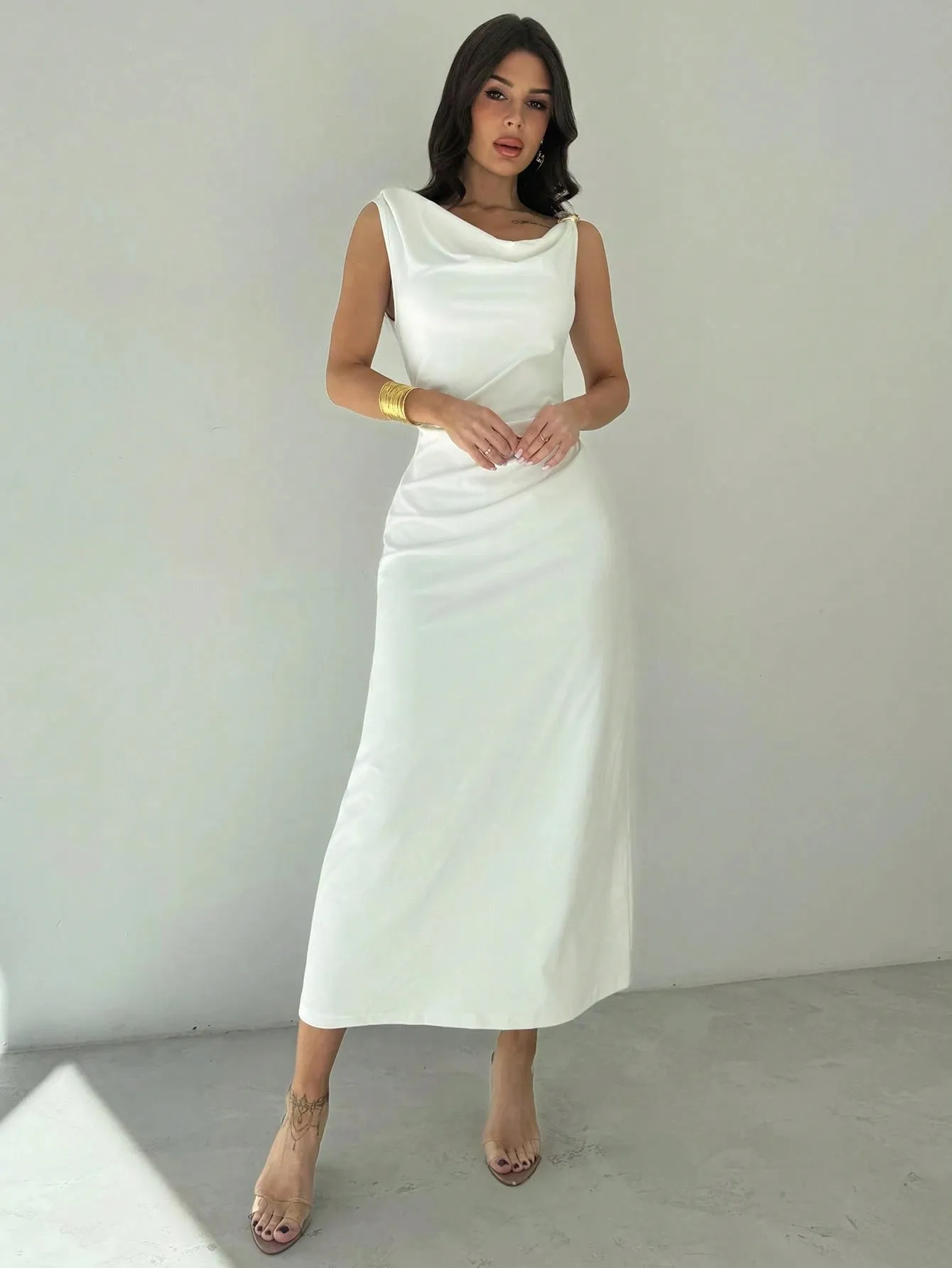 Firerie Women White Asymmetrical Neck Draped Ruched Waist Mid-Length Dress sold by Negative product image thumbnail 4