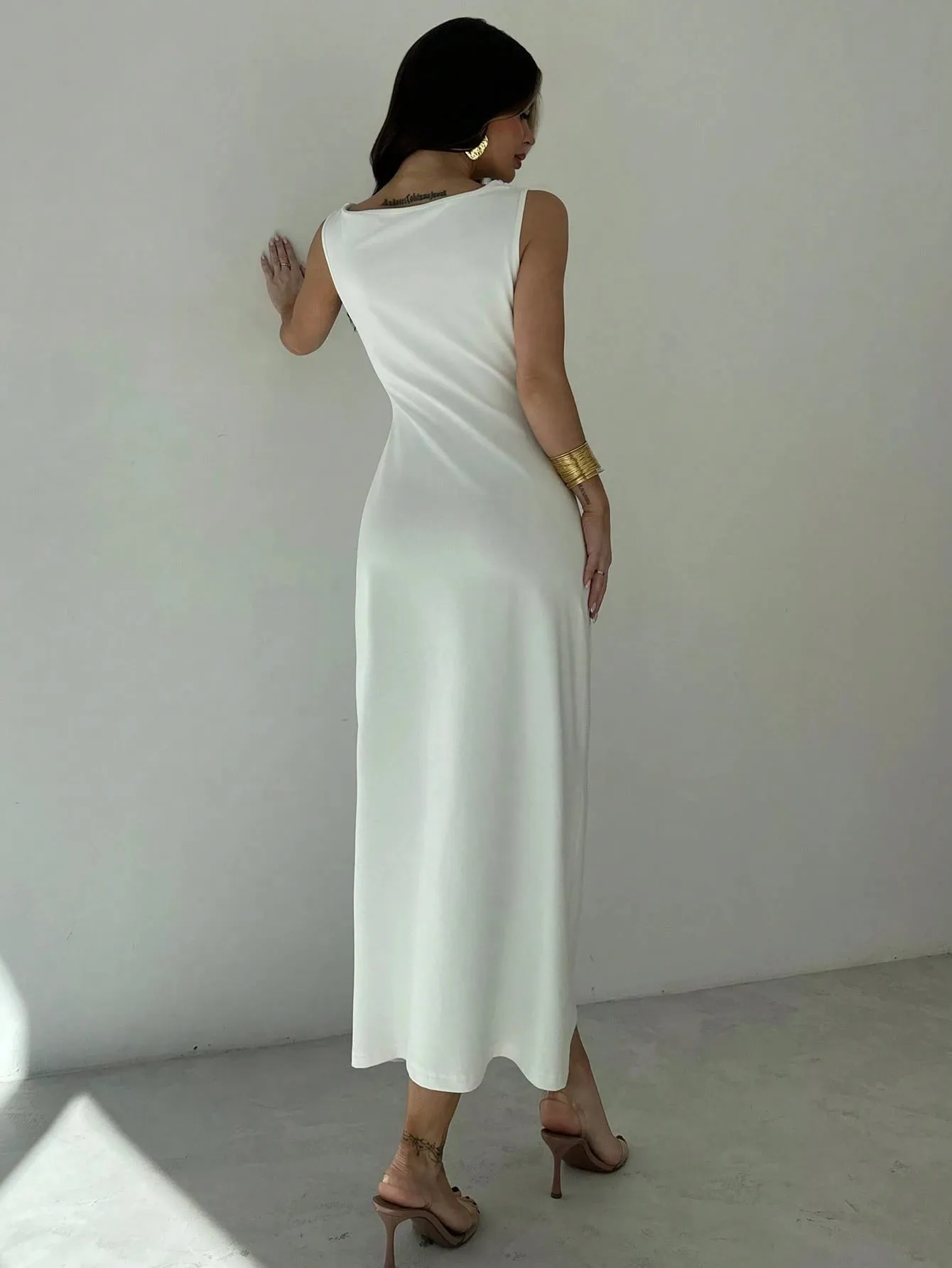 Firerie Women White Asymmetrical Neck Draped Ruched Waist Mid-Length Dress sold by Negative product image thumbnail 2