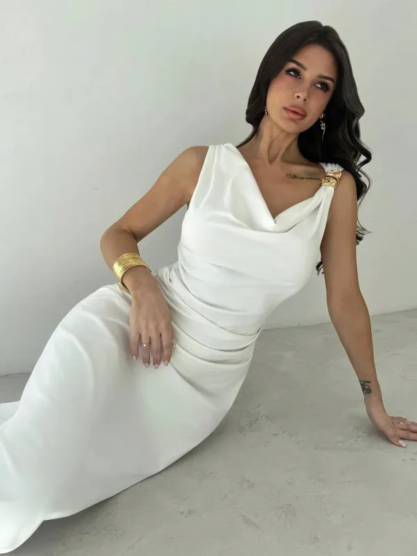 Firerie Women White Asymmetrical Neck Draped Ruched Waist Mid-Length Dress made by Negative