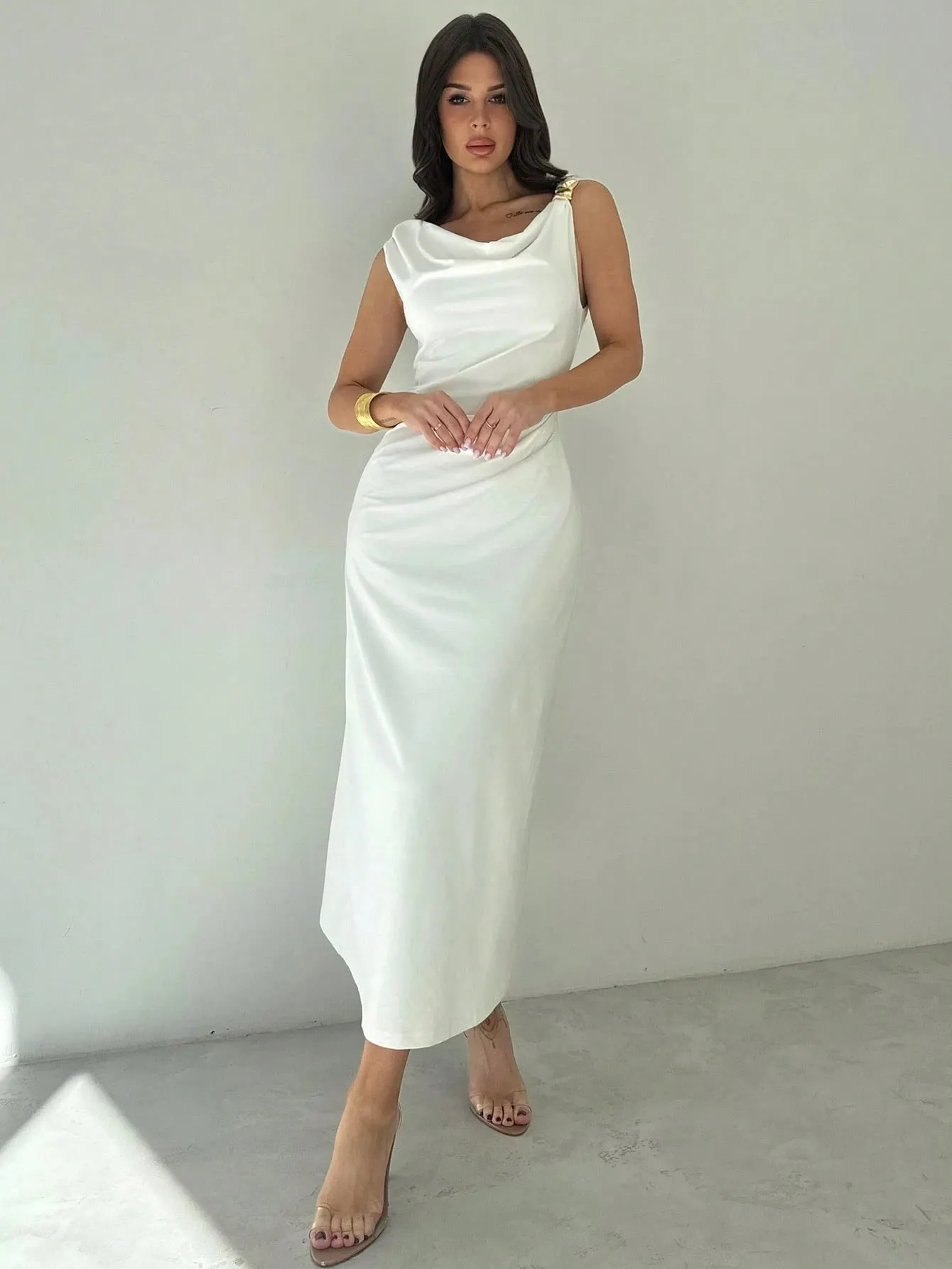 Firerie Women White Asymmetrical Neck Draped Ruched Waist Mid-Length Dress sold by Negative product image thumbnail 5