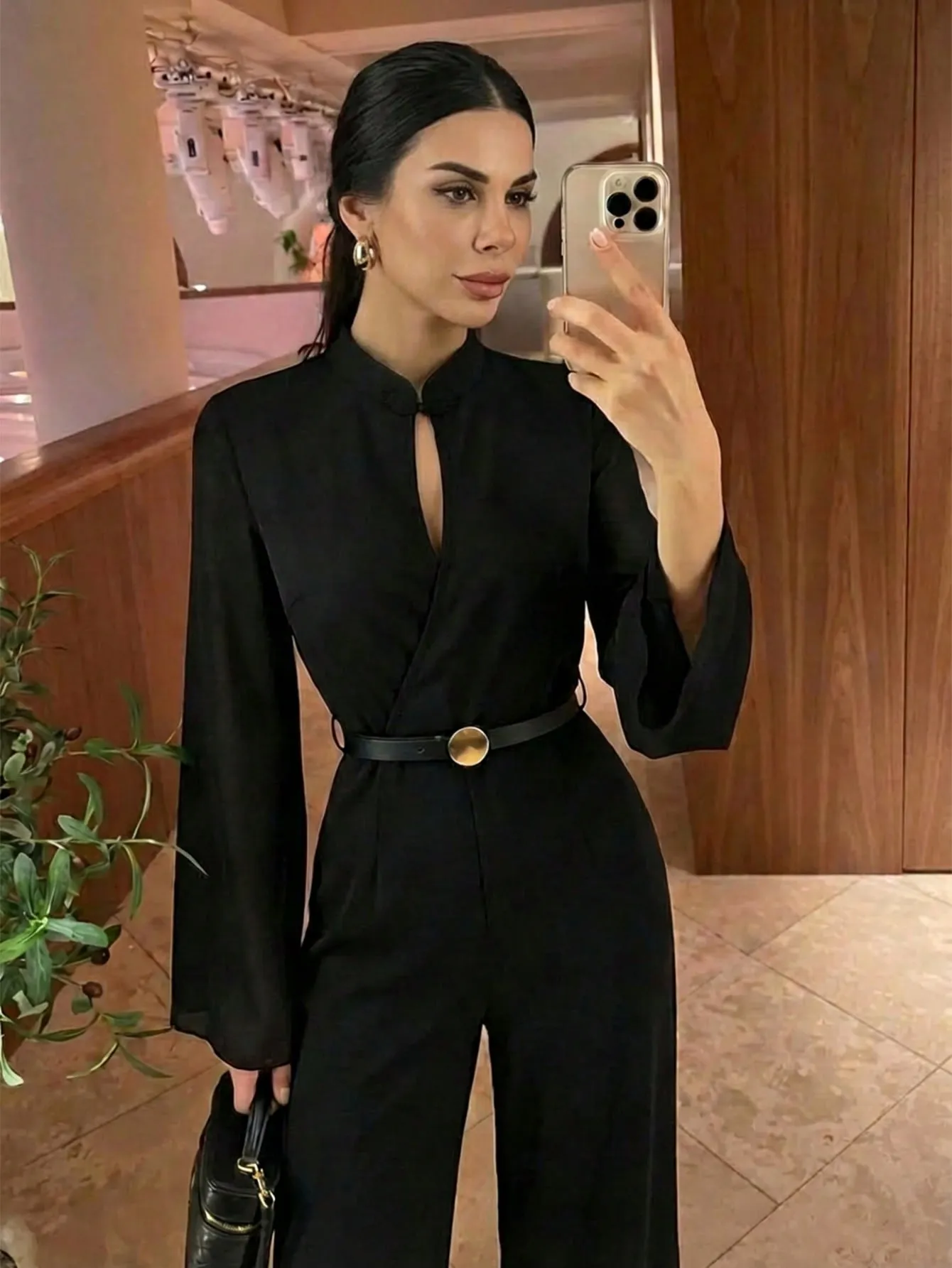 Firerie Women's Elegant Minimalist Commute Office Urban Chic Casual Daily Waist Solid Color With Belt Neck Flare Sleeve Jumpsuit FD sold by Negative product image thumbnail 2