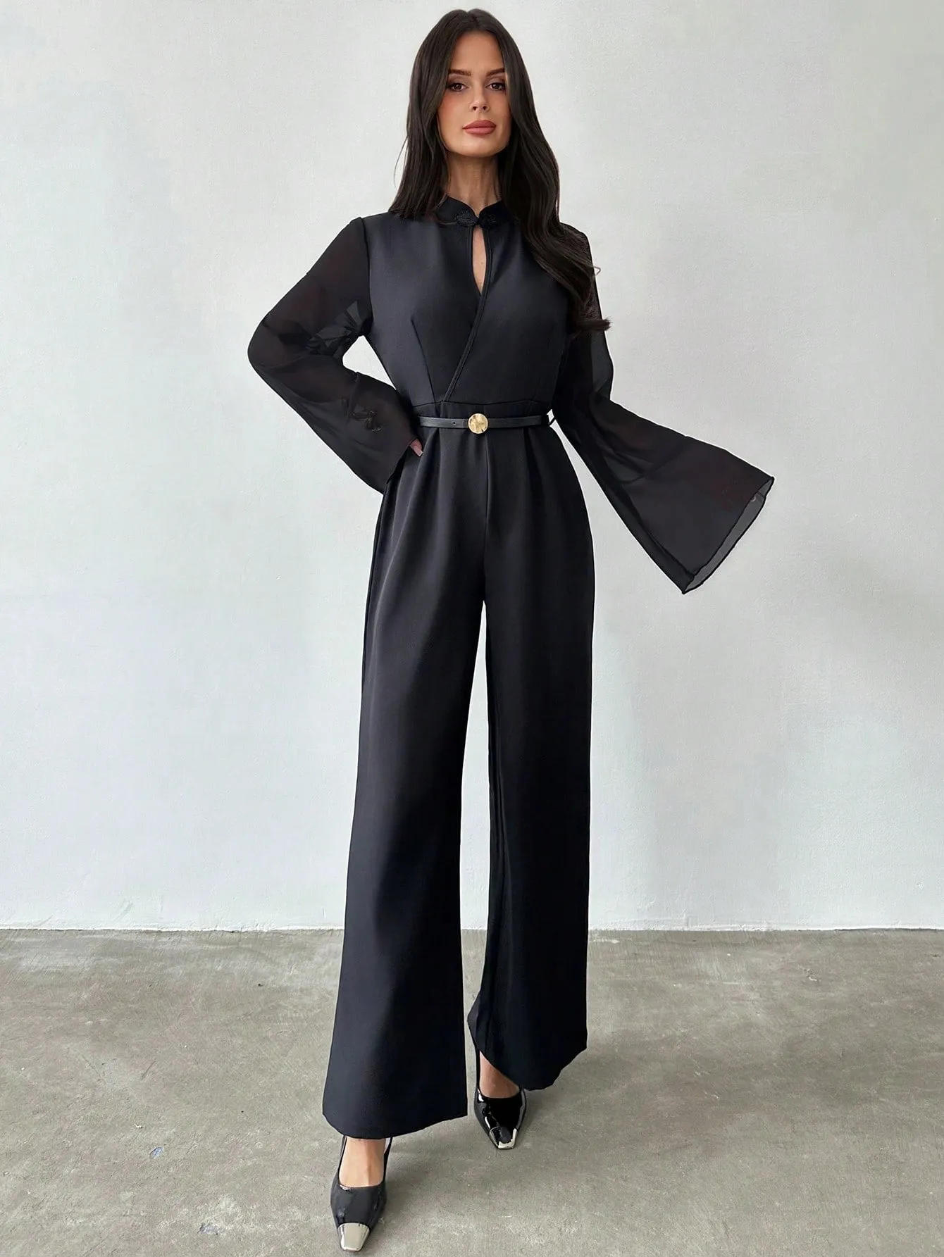 Firerie Women's Elegant Minimalist Commute Office Urban Chic Casual Daily Waist Solid Color With Belt Neck Flare Sleeve Jumpsuit FD sold by Negative product image thumbnail 5