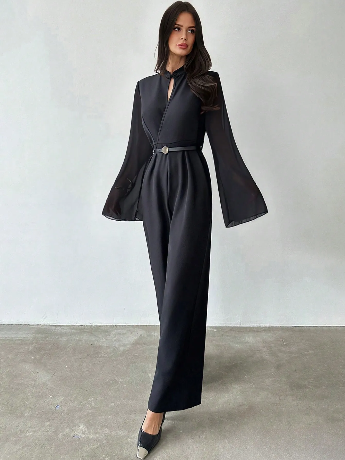 Firerie Women's Elegant Minimalist Commute Office Urban Chic Casual Daily Waist Solid Color With Belt Neck Flare Sleeve Jumpsuit FD sold by Negative product image thumbnail 4