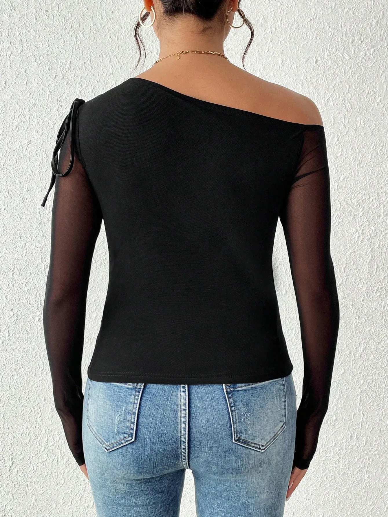 Chiquease Elegant Figure-Flattering Sheer Mesh Solid Color Oblique Shoulder Neck Tie Ruffle Detail Long Sleeve T-Shirt FD sold by Negative product image thumbnail 3