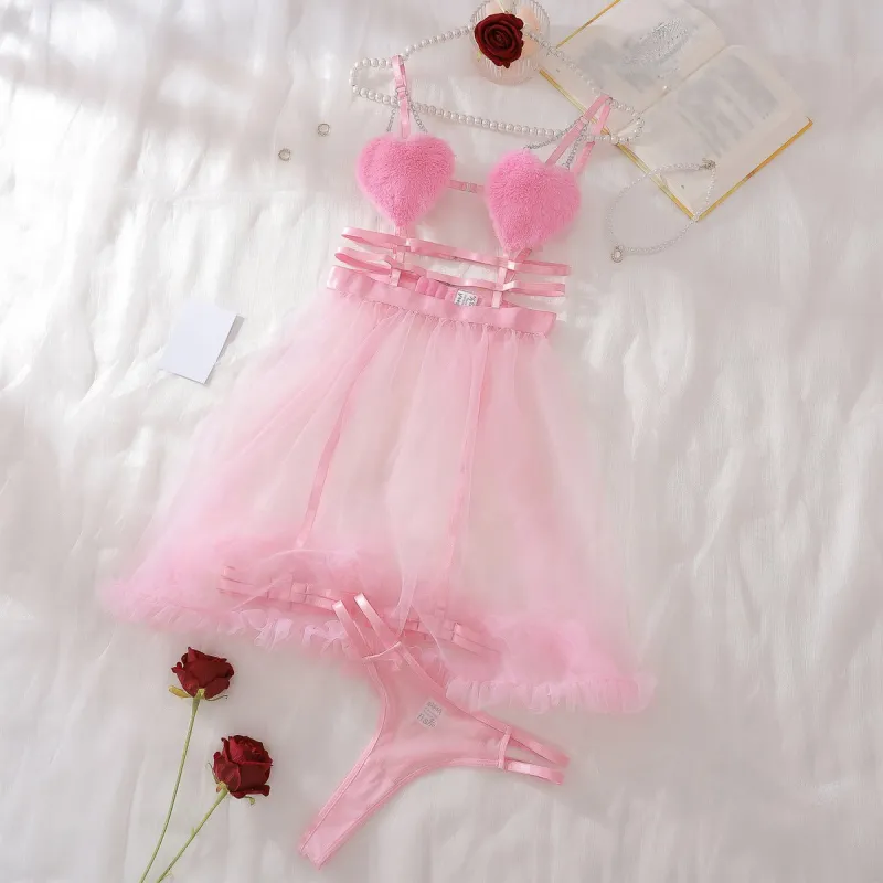 Pink perspective mesh suspender nightdress splicing pure desire style love erotic underwear set FD made by Negative