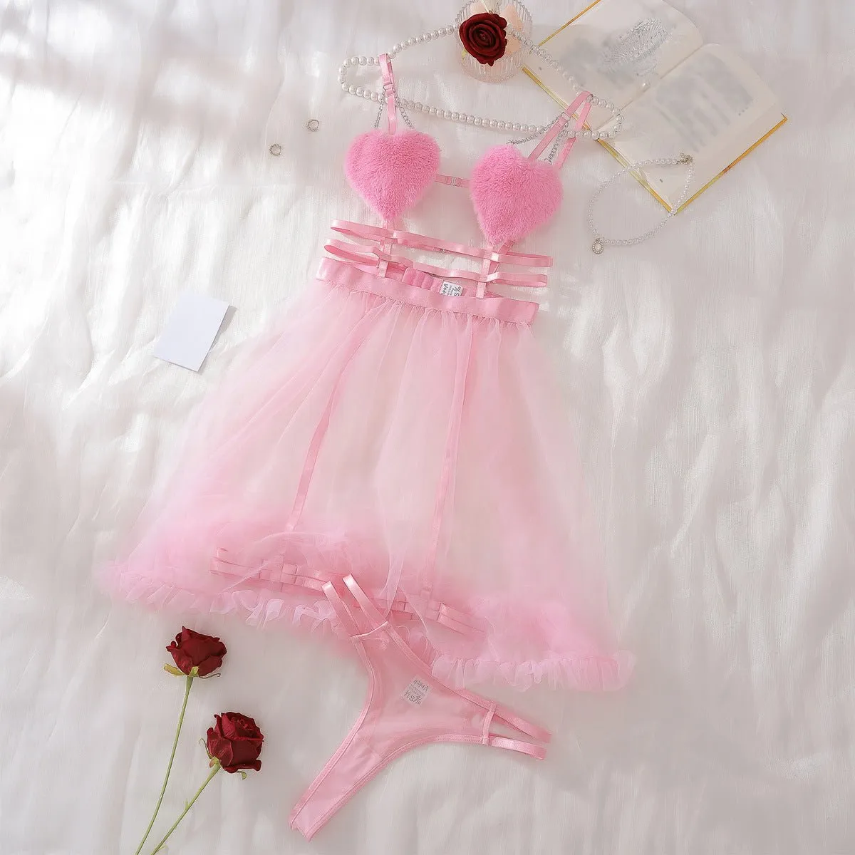 Pink perspective mesh suspender nightdress splicing pure desire style love erotic underwear set FD sold by Negative