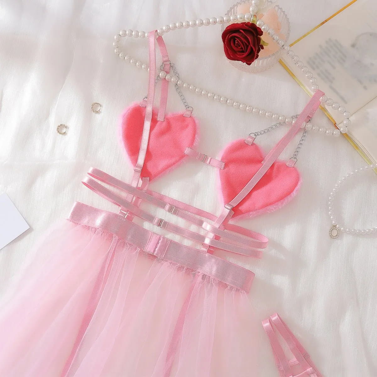 Pink perspective mesh suspender nightdress splicing pure desire style love erotic underwear set FD sold by Negative product image thumbnail 2