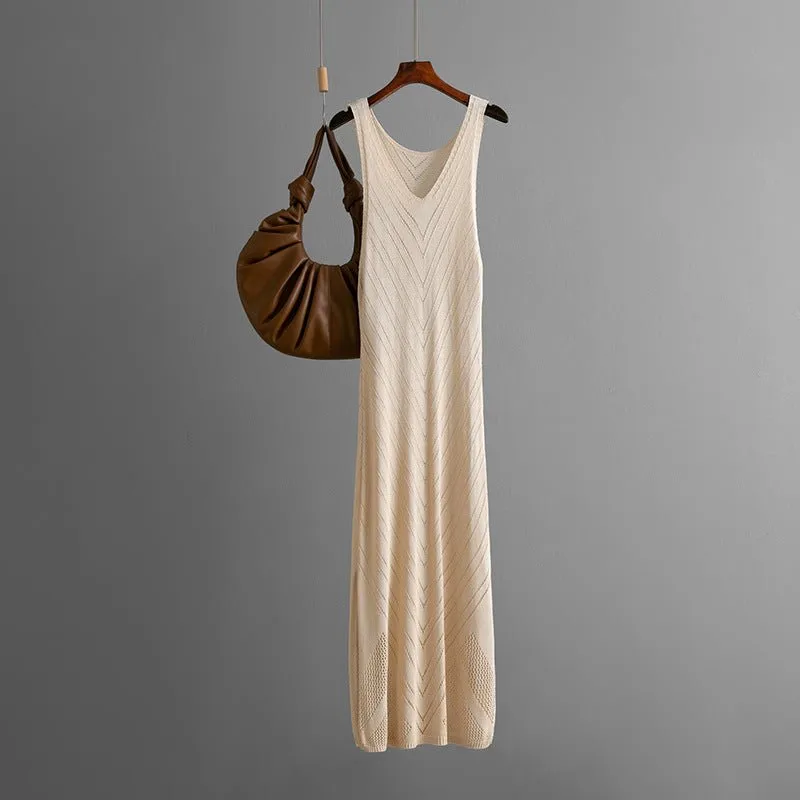The Coastal Whisper | V-Neck Hollow Knit Sleeveless Maxi Dress FD sold by Negative product image thumbnail 3