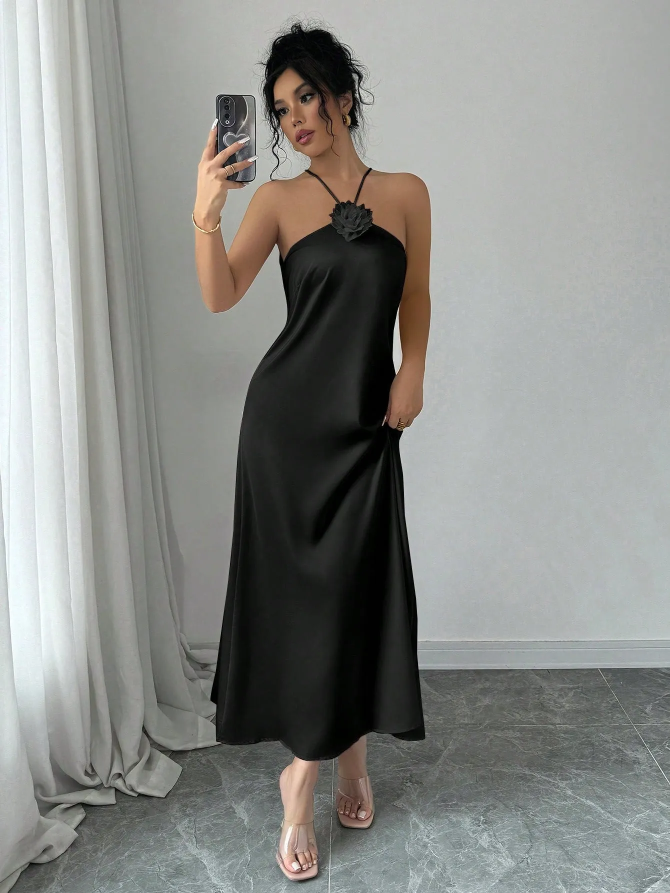 Elegant Halter Neck 3D Floral Decor Satin Waisted Dress Maxi Women Outfit FD sold by Negative product image thumbnail 2
