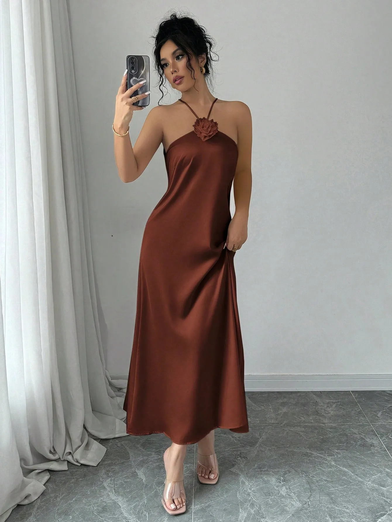 Elegant Halter Neck 3D Floral Decor Satin Waisted Dress Maxi Women Outfit FD sold by Negative product image thumbnail 3