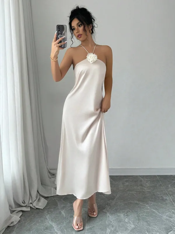 Elegant Halter Neck 3D Floral Decor Satin Waisted Dress Maxi Women Outfit  FD made by Negative