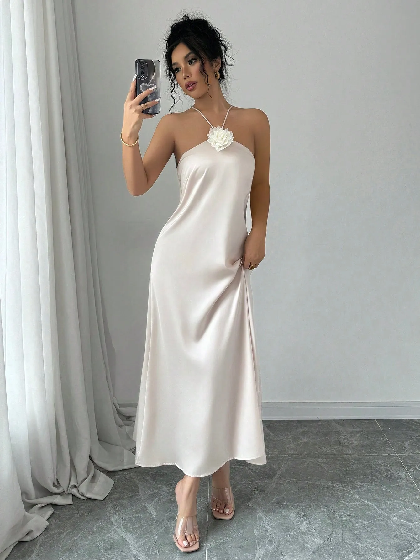 Elegant Halter Neck 3D Floral Decor Satin Waisted Dress Maxi Women Outfit FD sold by Negative