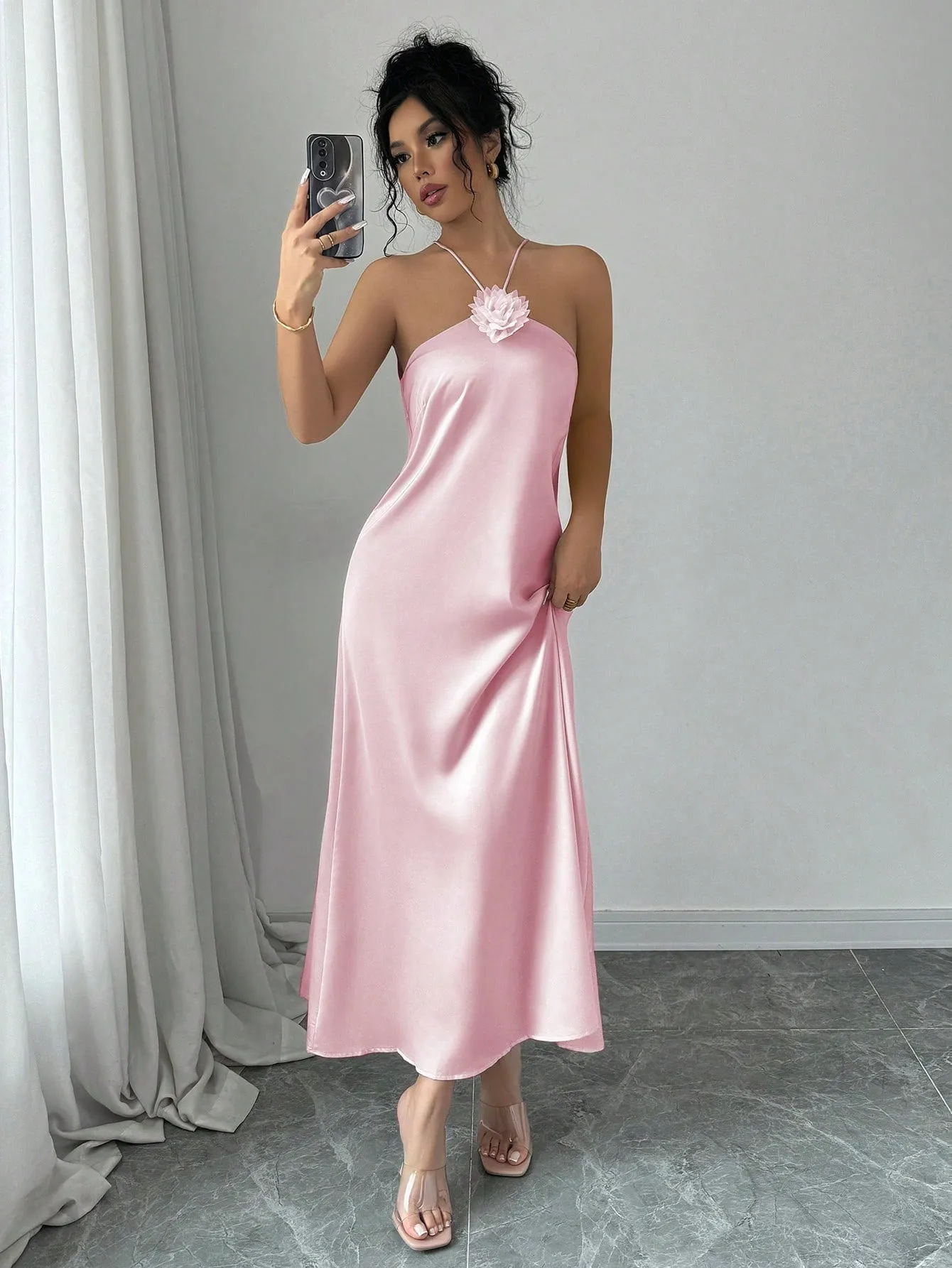 Elegant Halter Neck 3D Floral Decor Satin Waisted Dress Maxi Women Outfit FD sold by Negative product image thumbnail 5