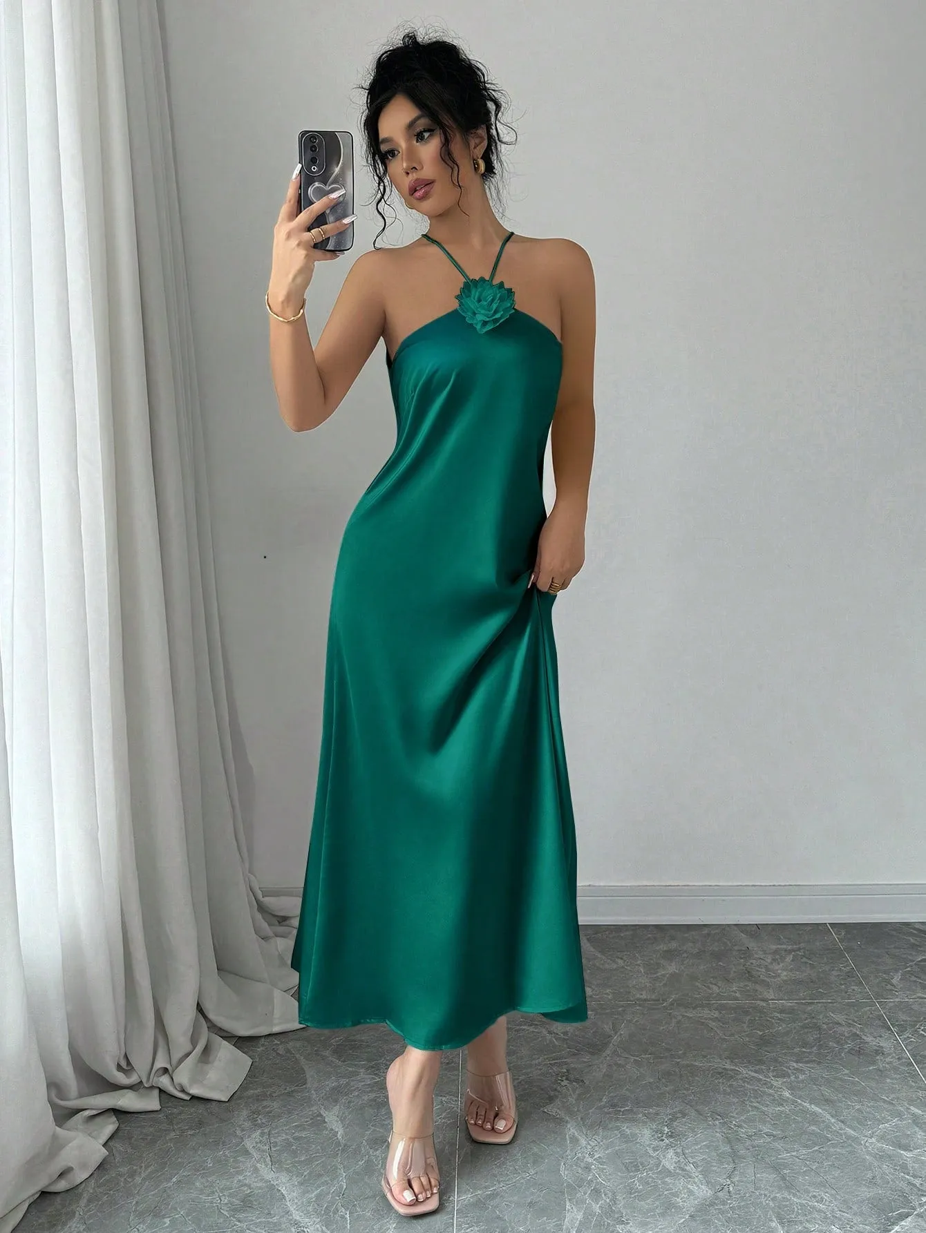 Elegant Halter Neck 3D Floral Decor Satin Waisted Dress Maxi Women Outfit FD sold by Negative product image thumbnail 4