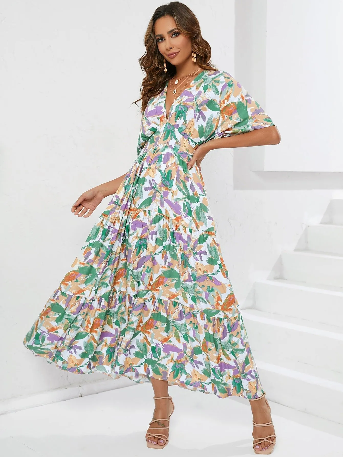 The Boho Breeze | Women's Floral Print Bat Sleeve V-Neck Maxi Dress sold by Negative product image thumbnail 5