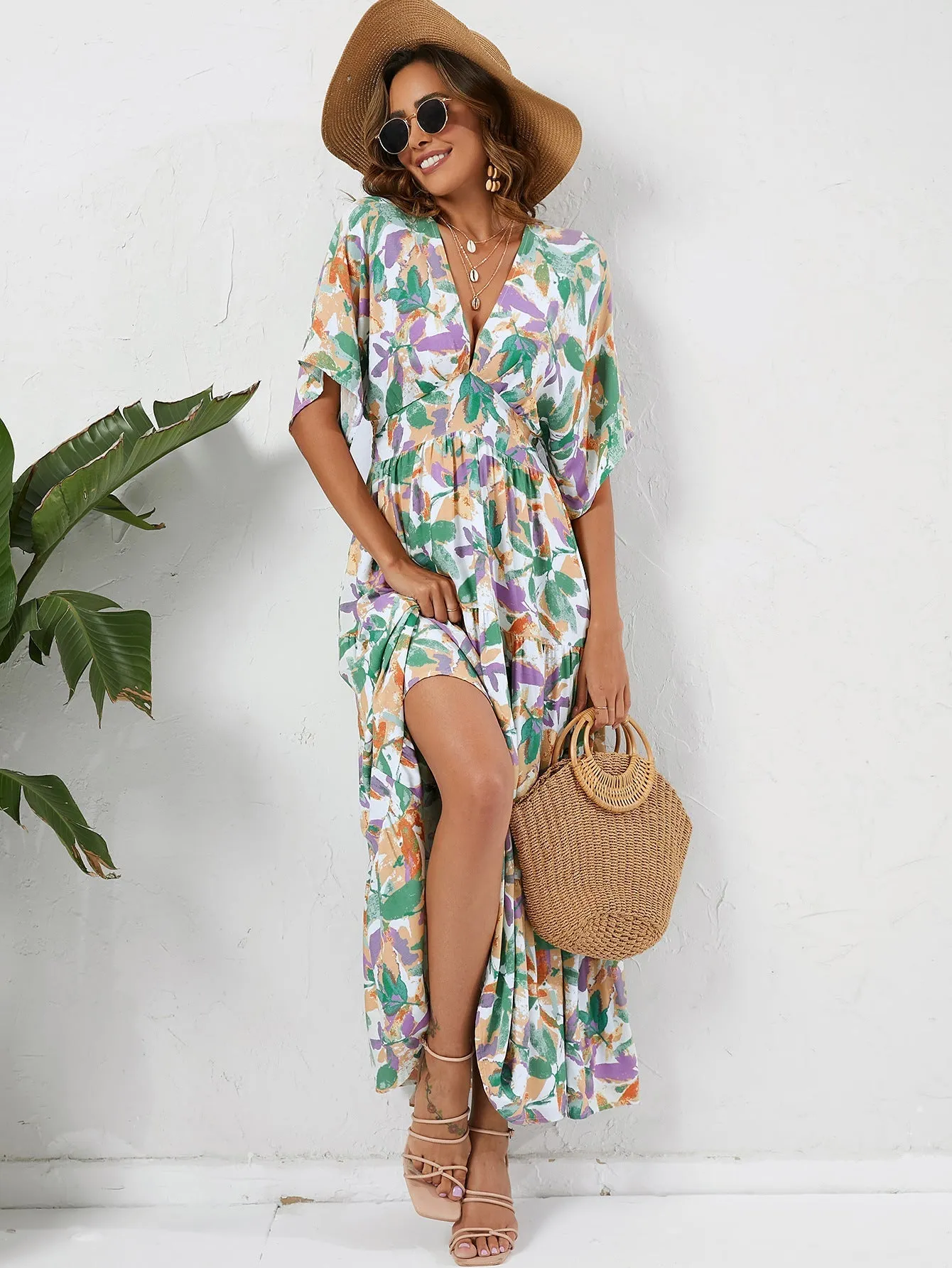 The Boho Breeze | Women's Floral Print Bat Sleeve V-Neck Maxi Dress sold by Negative product image thumbnail 2
