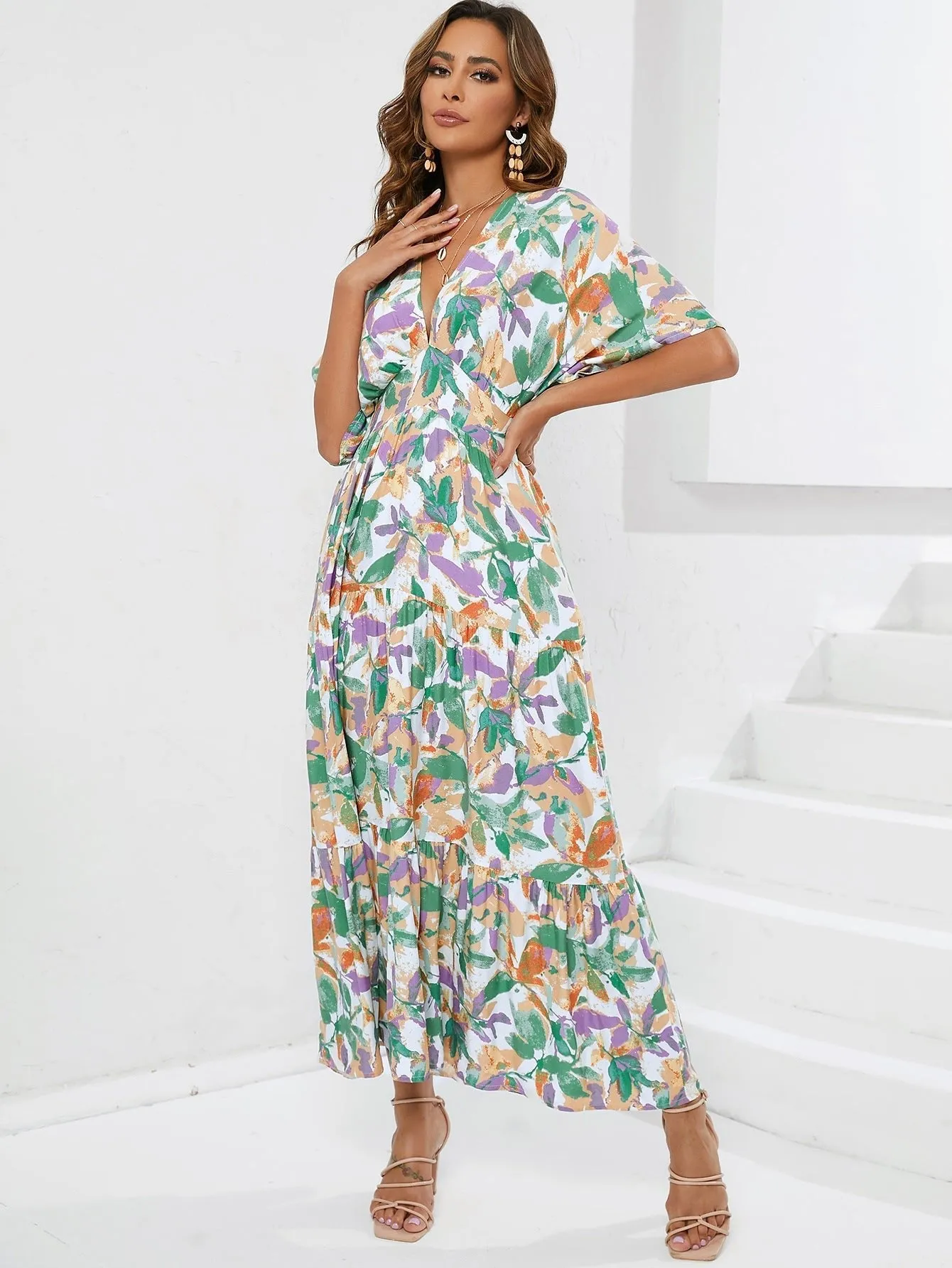 The Boho Breeze | Women's Floral Print Bat Sleeve V-Neck Maxi Dress sold by Negative product image thumbnail 3