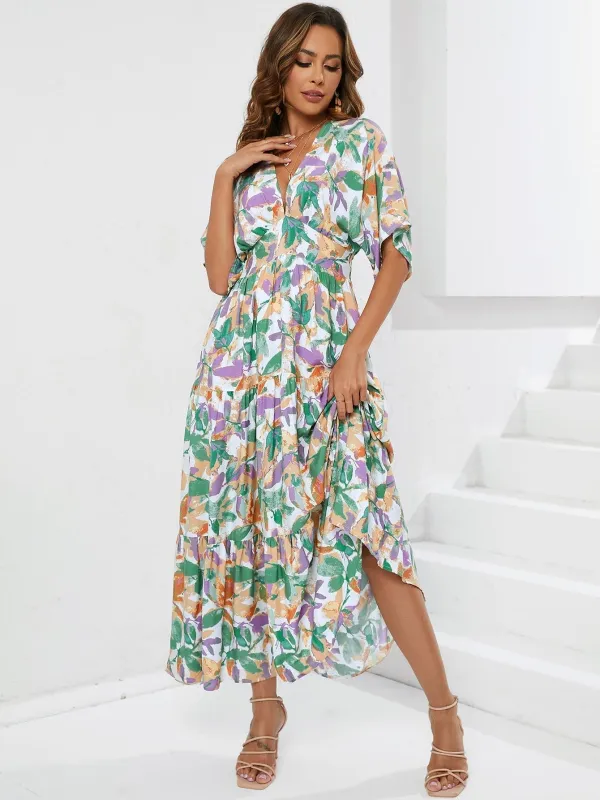 The Boho Breeze | Women's Floral Print Bat Sleeve V-Neck Maxi Dress made by Negative