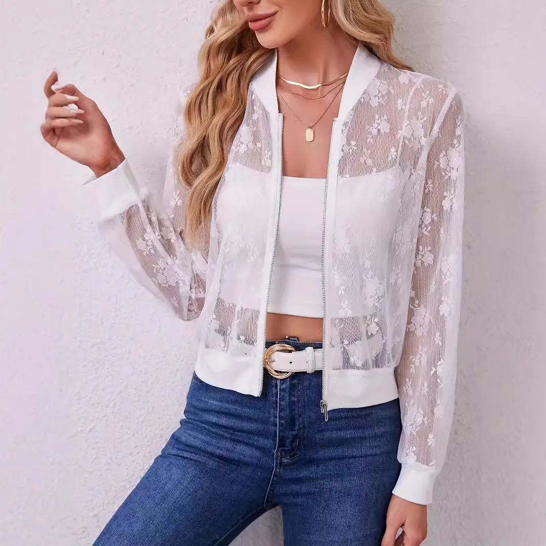 The Lace Elegance | Women's Lace Splicing Zipper Baseball Jacket sold by Negative product image thumbnail 3