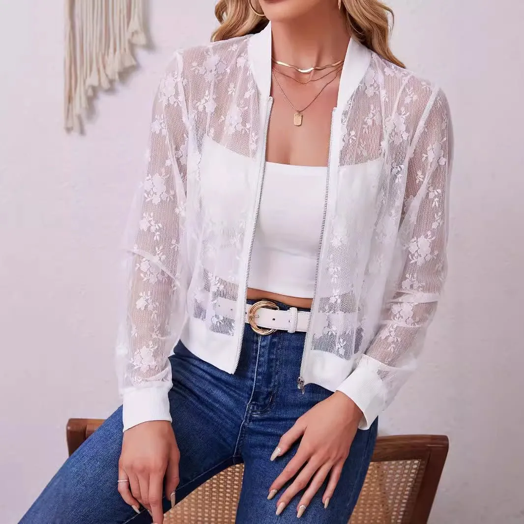 The Lace Elegance | Women's Lace Splicing Zipper Baseball Jacket sold by Negative product image thumbnail 4