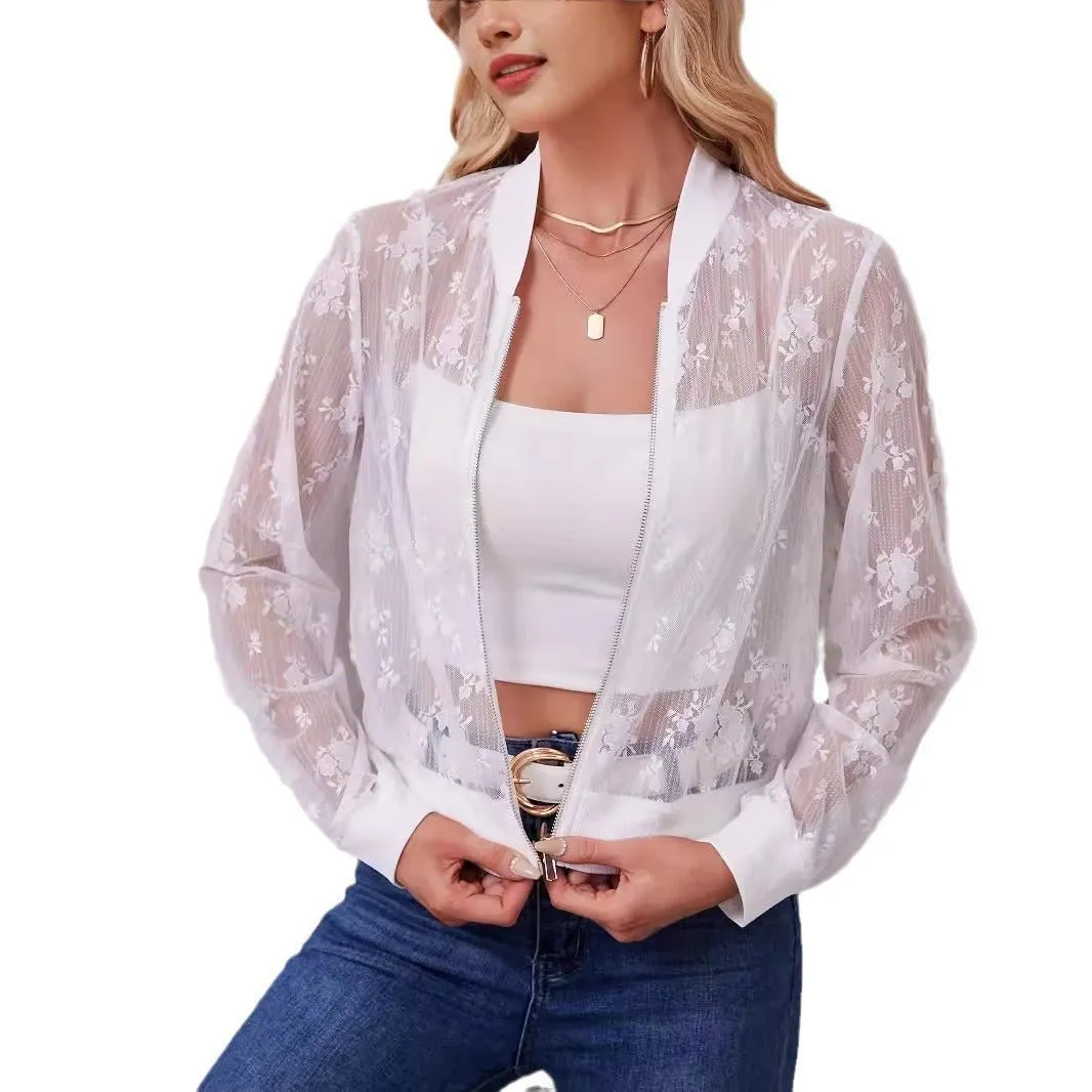 The Lace Elegance | Women's Lace Splicing Zipper Baseball Jacket sold by Negative product image thumbnail 5