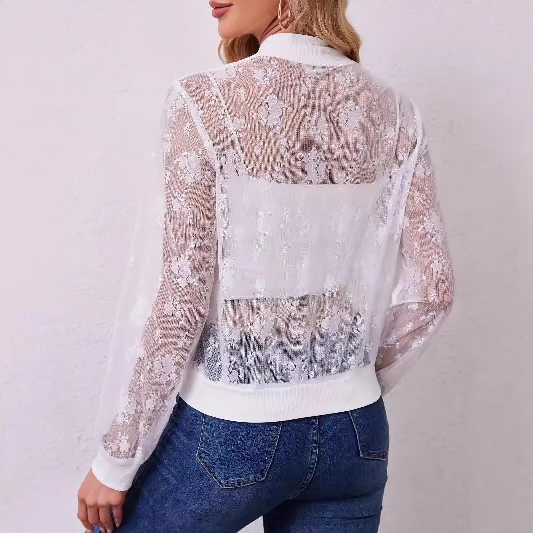 The Lace Elegance | Women's Lace Splicing Zipper Baseball Jacket sold by Negative product image thumbnail 2