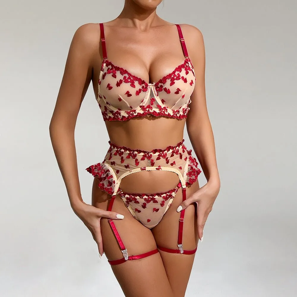 The Floral Temptress | Embroidered Flowers Gather Mesh Underwear Set sold by Negative