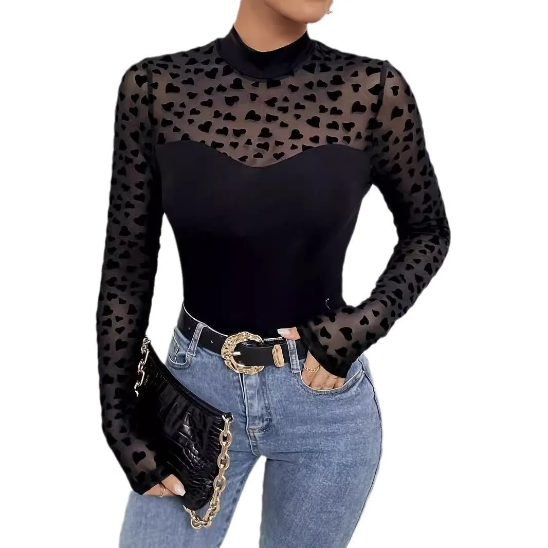 2025 Spring Mesh Splicing Long Sleeve Slim Bottom T-Shirt Top Women sold by Negative product image thumbnail 3