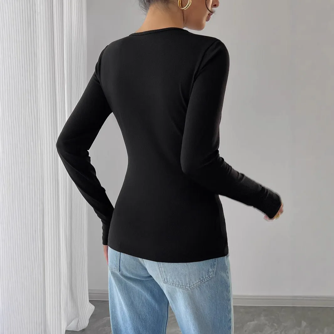 Women's hollow rose metal decoration black tight long-sleeved T-shirt top sold by Negative product image thumbnail 2