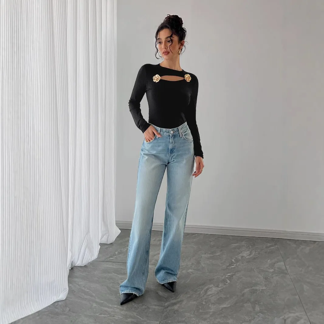 Women's hollow rose metal decoration black tight long-sleeved T-shirt top sold by Negative product image thumbnail 3