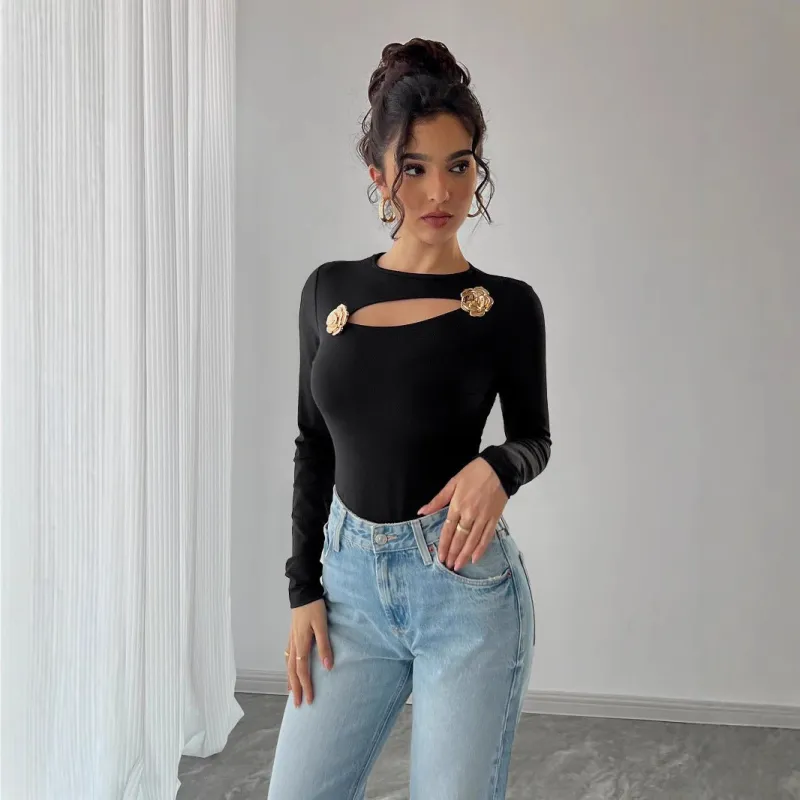 Women's hollow rose metal decoration black tight long-sleeved T-shirt top made by Negative