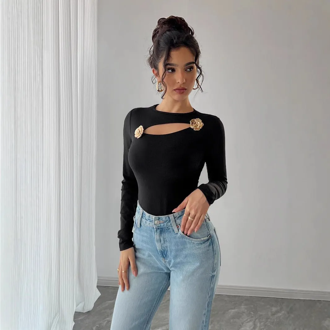 Women's hollow rose metal decoration black tight long-sleeved T-shirt top sold by Negative