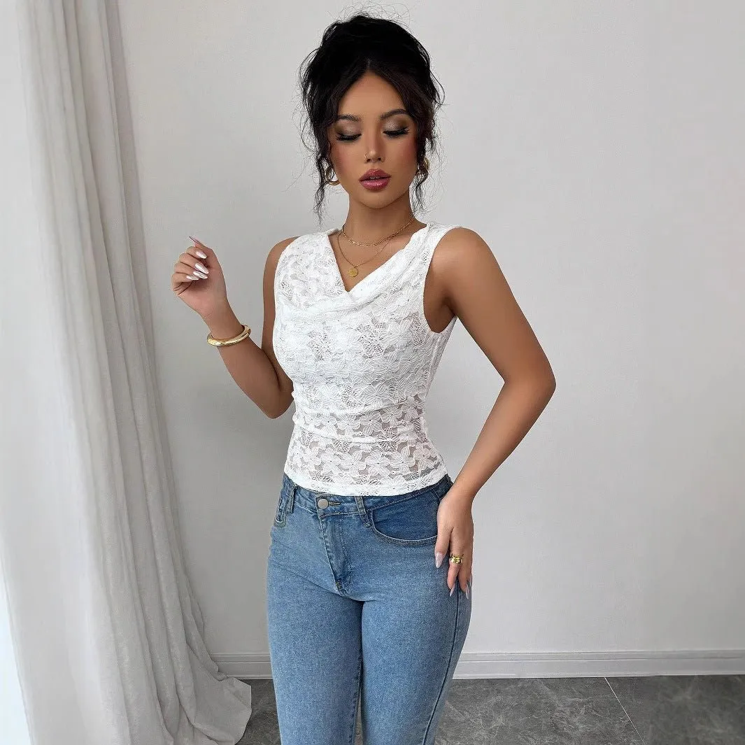 Women's sexy lace V-neck slim-fitting sleeveless top women sold by Negative product image thumbnail 3